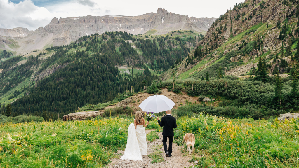 Bride and groom walk through a wildflower meadow with a dog, under a white umbrella, toward rugged alpine mountains.