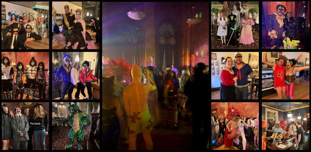People in colorful costumes pose for photos at a festive costume party. Boo-Mont Halloween Ball at Beaumont Hotel Ouray Colorado